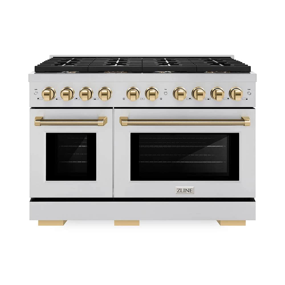 Autograph Edition 48 In. 6.7 Cu. Ft. Paramount Double Oven Gas Range With 8 Burner Cooktop In Stainless Steel And Polished Gold Helix Handles And Knob Accents