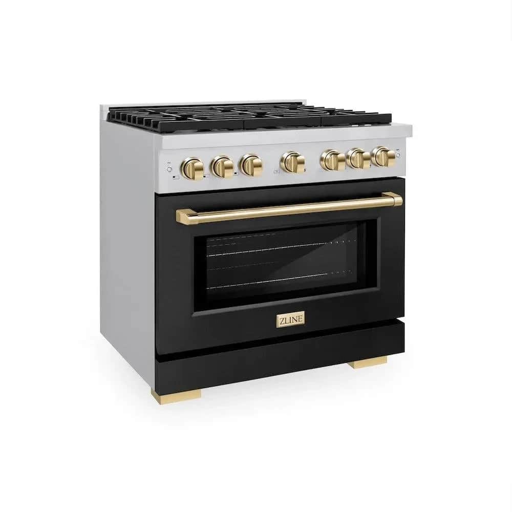Autograph Edition 36 In. 5.2 Cu. Ft. Paramount Gas Range With 6 Burner Cooktop And Convection Gas Oven In Stainless Steel With Black Matte Door And Polished Gold Accents