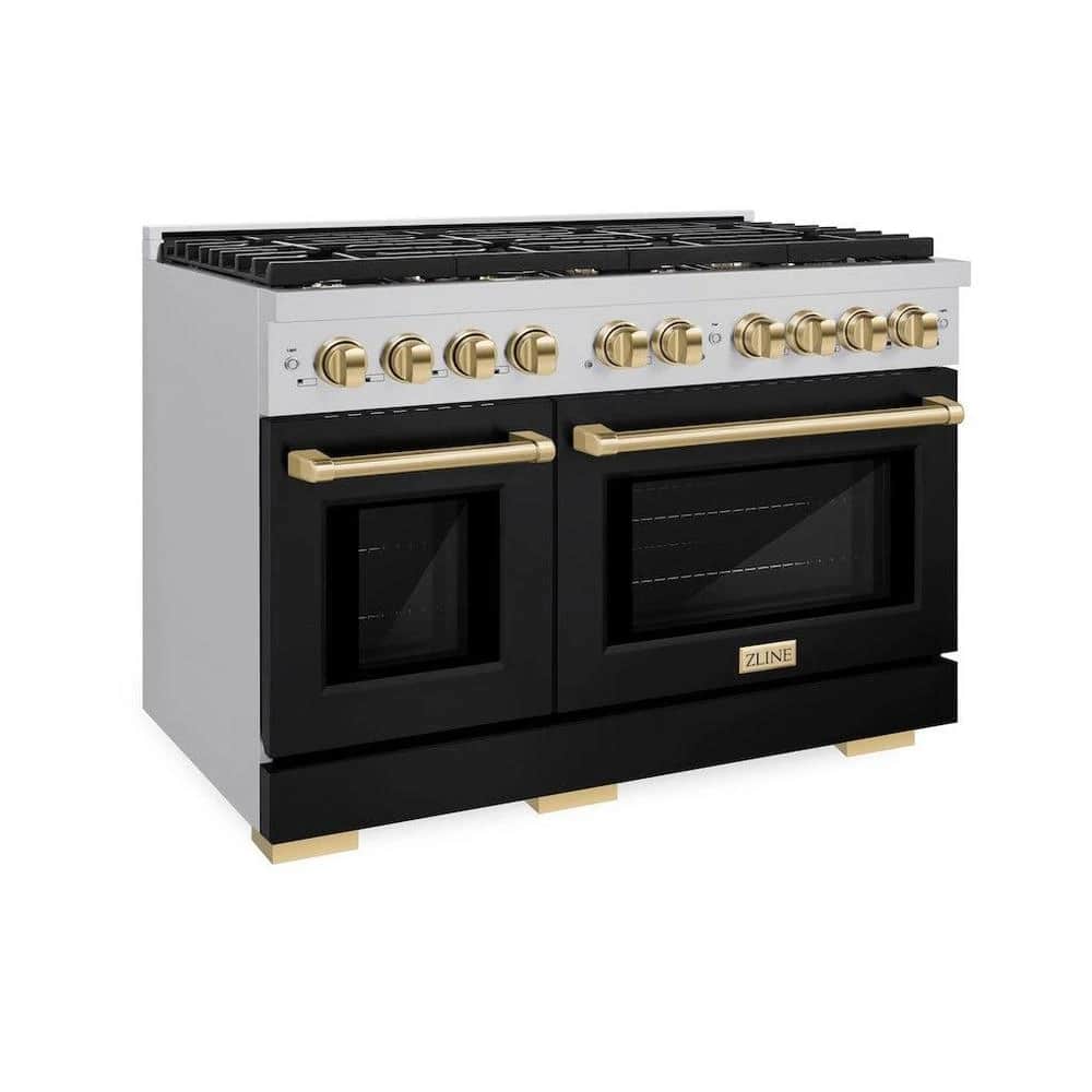 Autograph Edition 48 In. 6.7 Cu. Ft. Paramount Double Oven Gas Range With 8 Burner Cooktop In Stainless Steel With Black Matte Doors And Polished Gold Accents