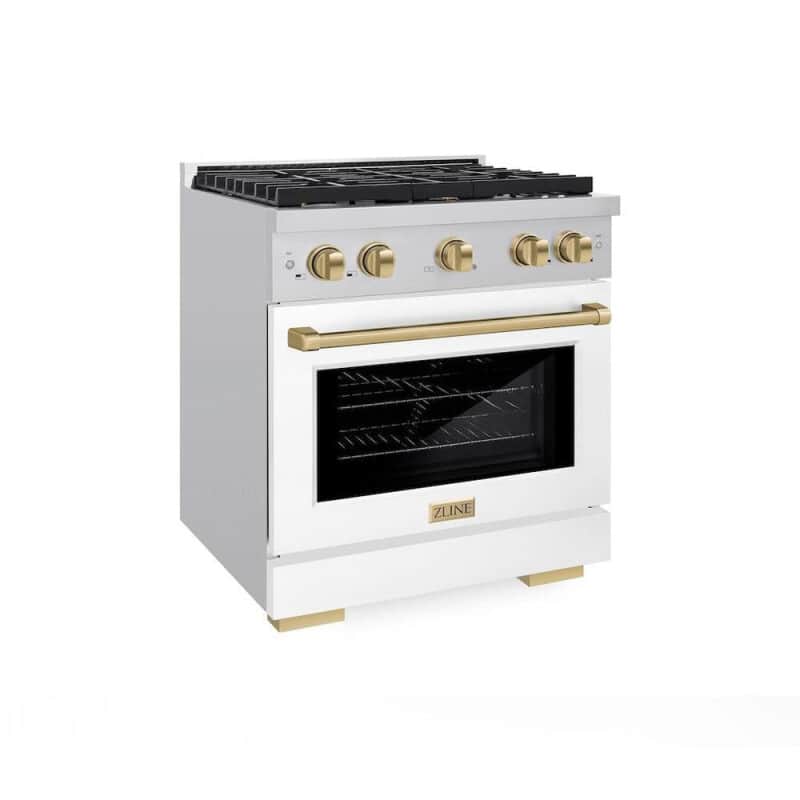Autograph Edition 30 In. 4.2 Cu. Ft. Paramount Gas Range With 4 Burner Cooktop And Convection Gas Oven In Stainless Steel With White Matte Door And Champagne Bronze Accents