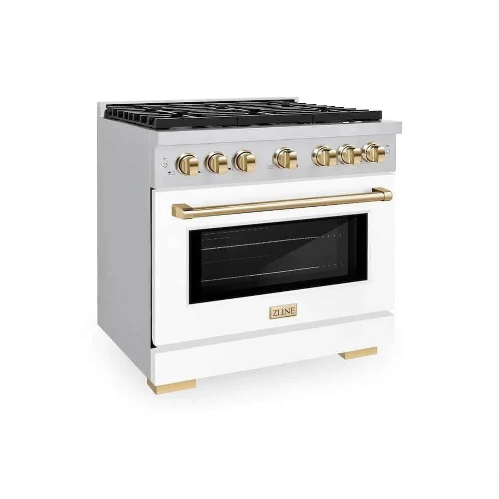 Autograph Edition 36 In. 5.2 Cu. Ft. Paramount Gas Range With 6 Burner Cooktop And Convection Gas Oven In Stainless Steel With White Matte Door And Polished Gold Accents