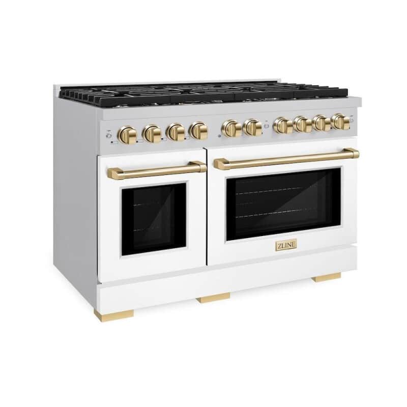 Autograph Edition 48 In. 6.7 Cu. Ft. Paramount Double Oven Gas Range With 8 Burner Cooktop In Stainless Steel With White Matte Doors And Polished Gold Accents