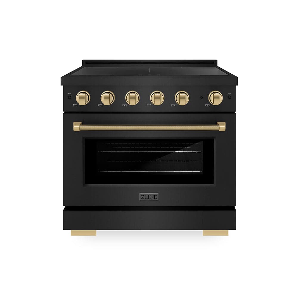 Autograph Edition 36 In. 5.2 Cu. Ft. Paramount Induction Range With 5 Element Cooktop And Electric Convection Oven In Black Stainless Steel With Champagne Bronze Helix Handle And Knob Accents