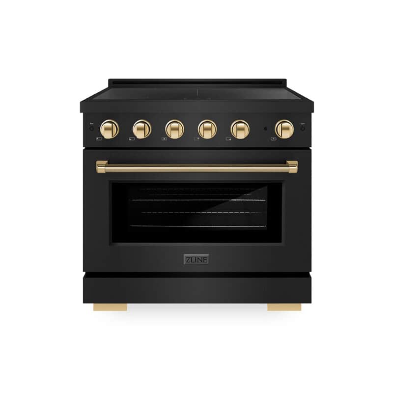 Autograph Edition 36 In. 5.2 Cu. Ft. Paramount Induction Range With 5 Element Cooktop And Electric Convection Oven In Black Stainless Steel With Polished Gold Helix Handle And Knob Accents