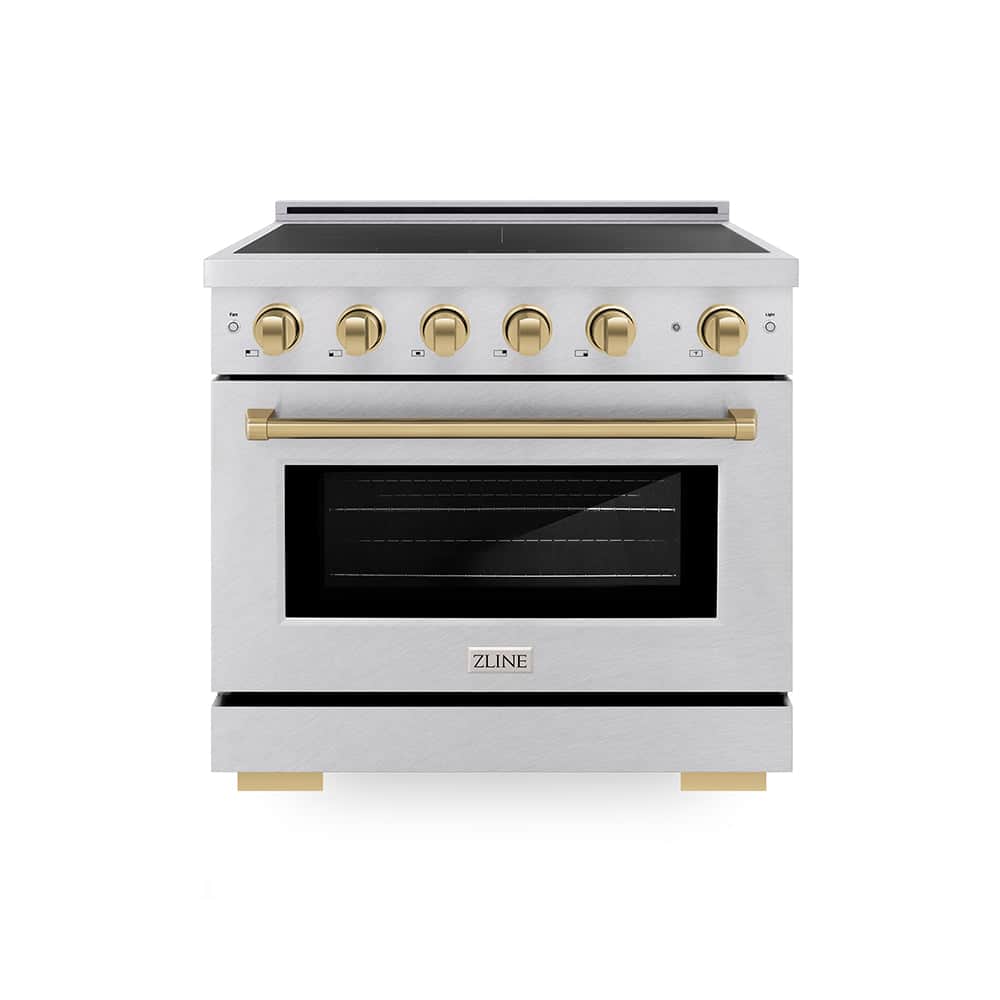 Autograph Edition 36 In. 5.2 Cu. Ft. Paramount Induction Range With 5 Element Cooktop And Electric Convection Oven In Satin Stainless Steel With Champagne Bronze Accents