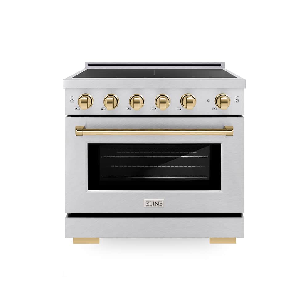 Autograph Edition 36 In. 5.2 Cu. Ft. Paramount Induction Range With 5 Element Cooktop And Electric Convection Oven In Satin Stainless Steel With Polished Gold Accents