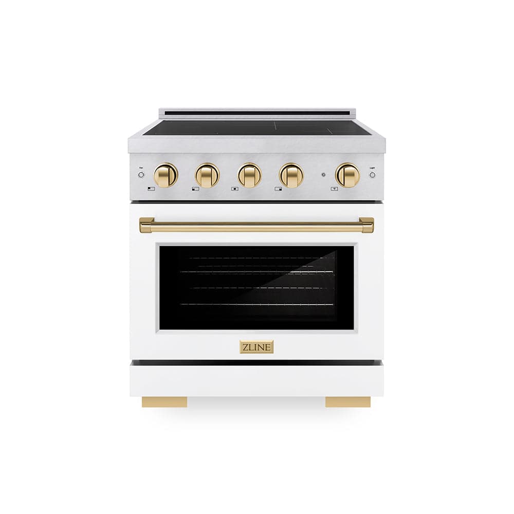 Autograph Edition 30 In. 4.2 Cu. Ft. Paramount Induction Range With 4 Element Cooktop And Electric Convection Oven In Satin Stainless Steel With White Matte Door And Polished Gold Accents