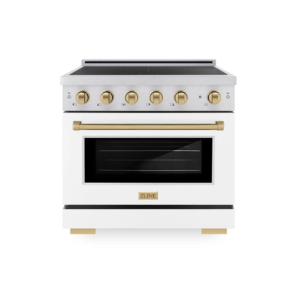 Autograph Edition 36 In. 5.2 Cu. Ft. Paramount Induction Range With 5 Element Cooktop And Electric Convection Oven In Satin Stainless Steel With White Matte Door And Champagne Bronze Accents