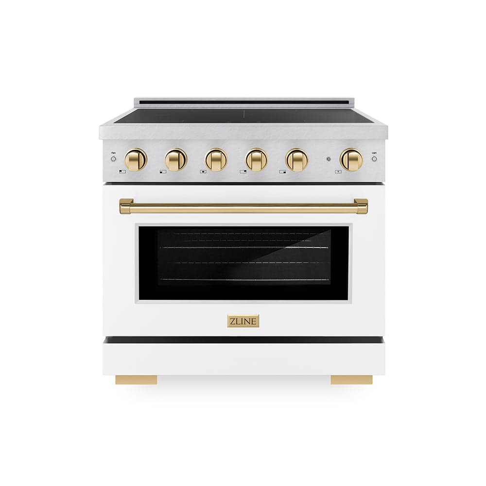 Autograph Edition 36 In. 5.2 Cu. Ft. Paramount Induction Range With 5 Element Cooktop And Electric Convection Oven In Satin Stainless Steel With White Matte Door And Polished Gold Accents