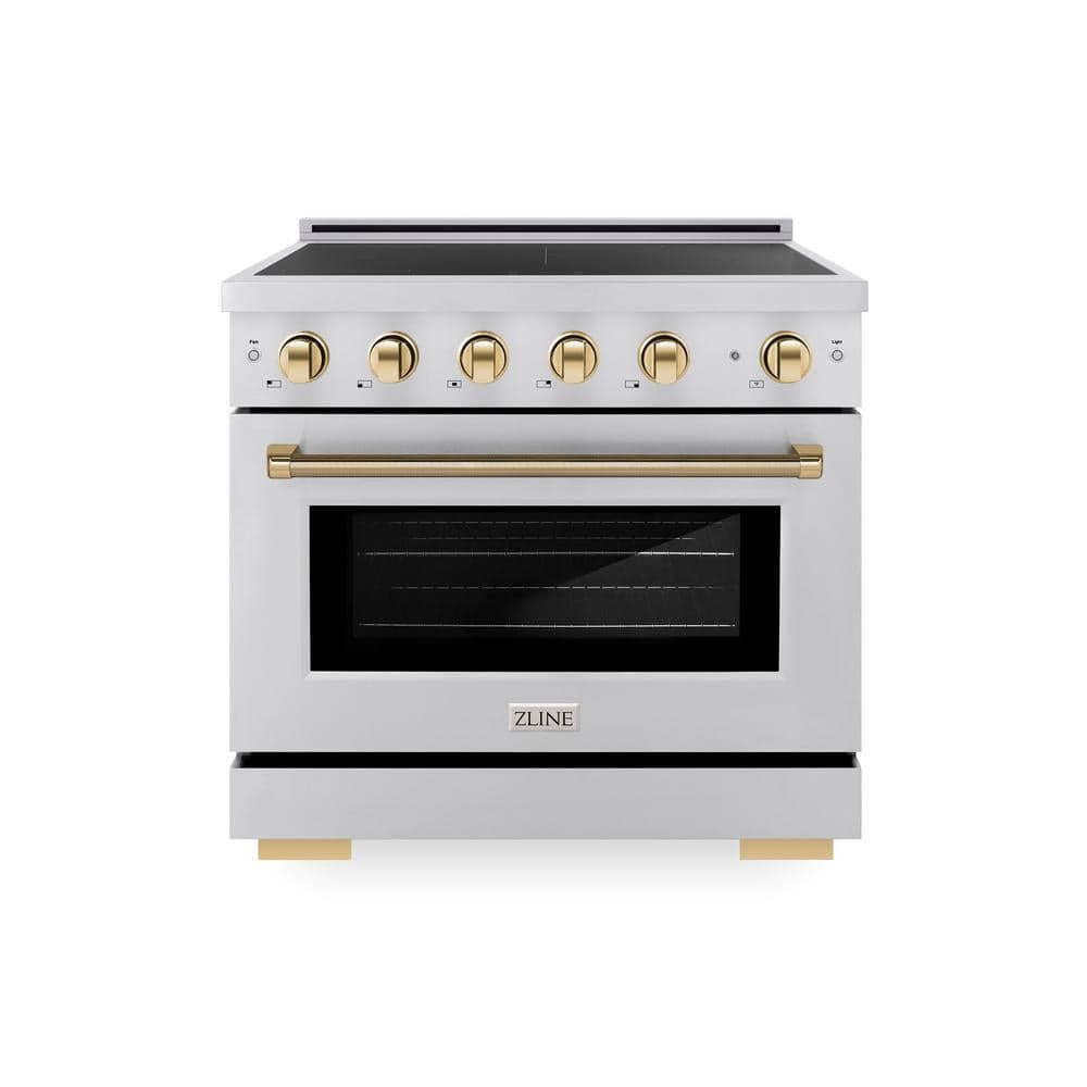 Autograph Edition 36 In. 5.2 Cu. Ft. Paramount Induction Range With 5 Element Cooktop And Electric Convection Oven In Stainless Steel With Polished Gold Helix Handle And Knob Accents