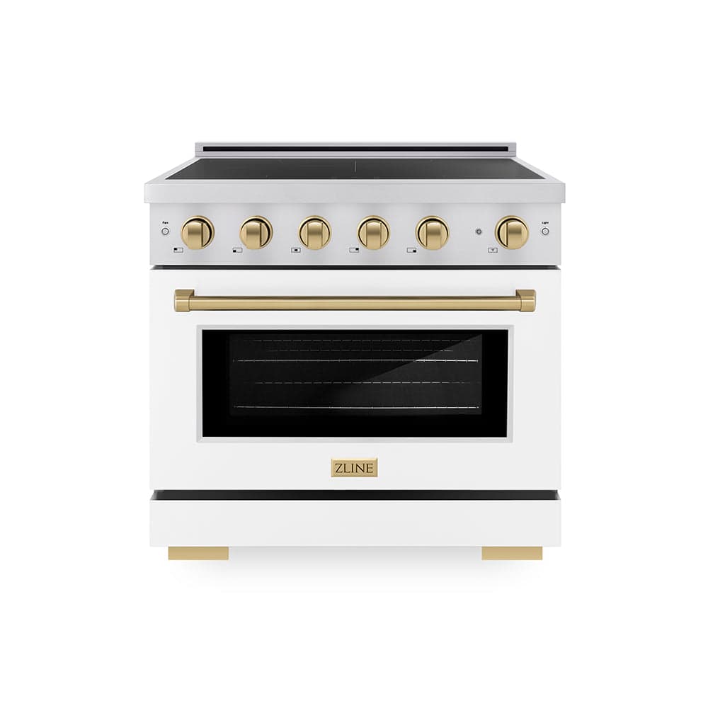 Autograph Edition 36 In. 5.2 Cu. Ft. Paramount Induction Range With 5 Element Cooktop And Electric Convection Oven In Stainless Steel With White Matte Door And Champagne Bronze Accents