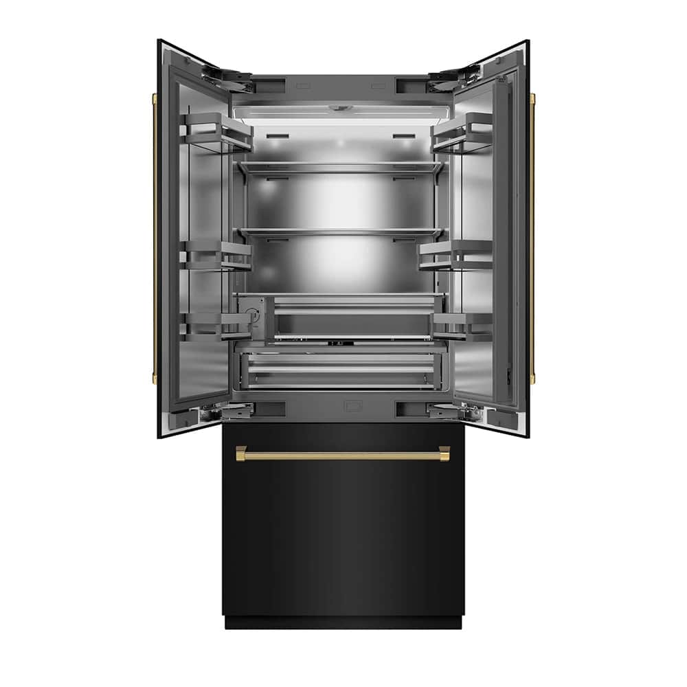 Autograph Edition 36 In. 19.6 Cu. Ft. French Door Built-in Bottom Freezer Refrigerator With Water Dispenser And Ice Maker In Black Stainless Steel With Stainless Steel Interior And Polished Gold Helix Handles