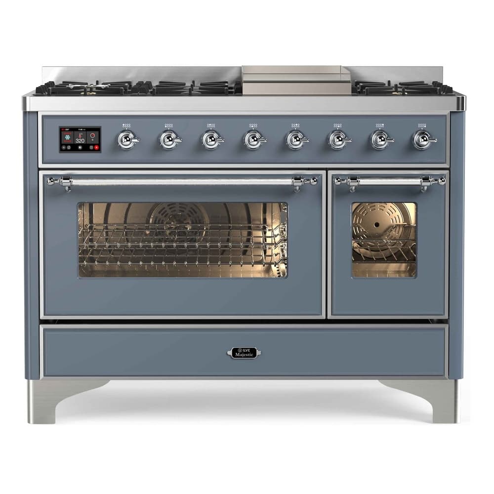 Majestic II Series 48 inch Freestanding Dual Fuel Range with Liquid Propane, 8 Sealed Brass Burners, Double Ovens, 5.02 cu. ft. Total Oven Capacity, Griddle, Convection Oven, Continuous Grates, Viewing Window, Warming Drawer, with Chrome Trim
