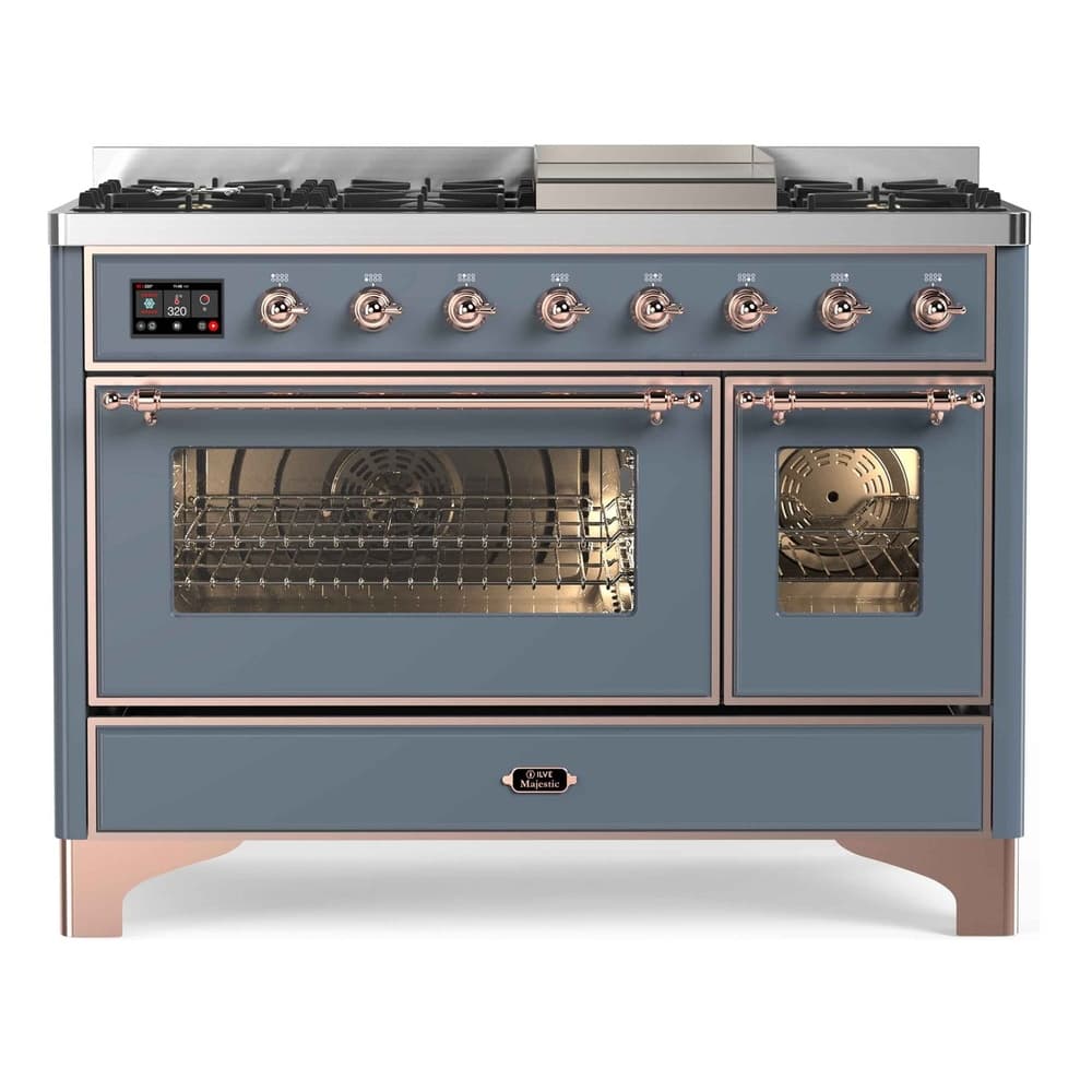 Majestic II Series 48 inch Freestanding Dual Fuel Range with Natural Gas, 8 Sealed Brass Burners, Double Ovens, 5.02 cu. ft. Total Oven Capacity, Griddle, Convection Oven, Continuous Grates, Viewing Window, Warming Drawer, with Copper Trim