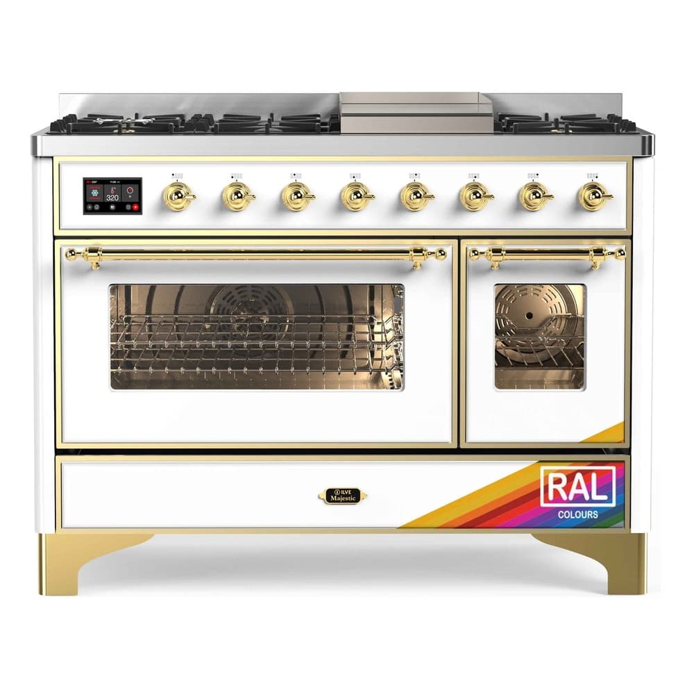 Majestic II 48 UM12FDNS3RAG Freestanding Dual Fuel Range with 8 Sealed Burners with Griddle Double Oven with Triple Glass Door with Brass knobs