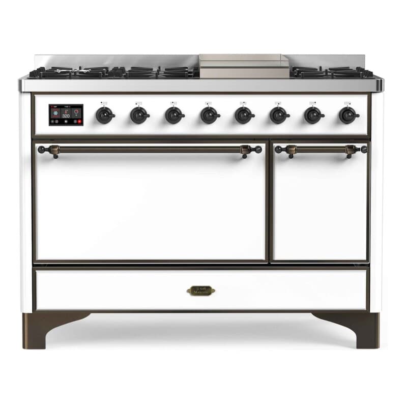 Majestic II Series 48 inch Freestanding Dual Fuel Range with Natural Gas, 8 Sealed Brass Burners, Double Ovens, 5.02 cu. ft. Total Oven Capacity, Griddle, Convection Oven, Continuous Grates, Warming Drawer, with Bronze Trim