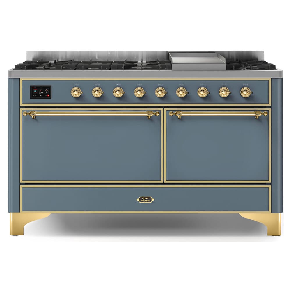 Majestic II Series 60 inch Freestanding Dual Fuel Range with Liquid Propane, 9 Sealed Brass Burners, Double Ovens, 5.02 cu. ft. Total Oven Capacity, Griddle, Convection Oven, Continuous Grates, Warming Drawer, with Brass Trim