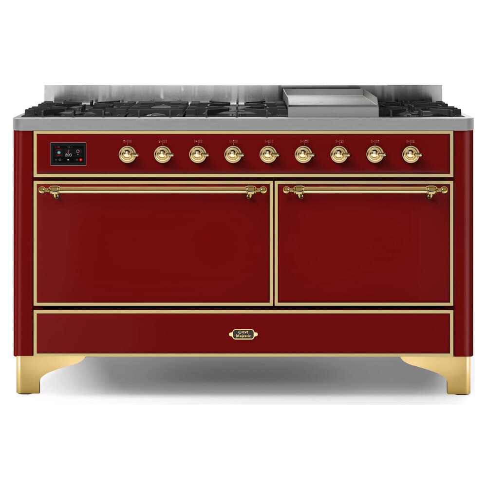 Majestic II Series 60 inch Freestanding Dual Fuel Range with Liquid Propane, 9 Sealed Brass Burners, Double Ovens, 5.02 cu. ft. Total Oven Capacity, Griddle, Convection Oven, Continuous Grates, Warming Drawer, with Brass Trim