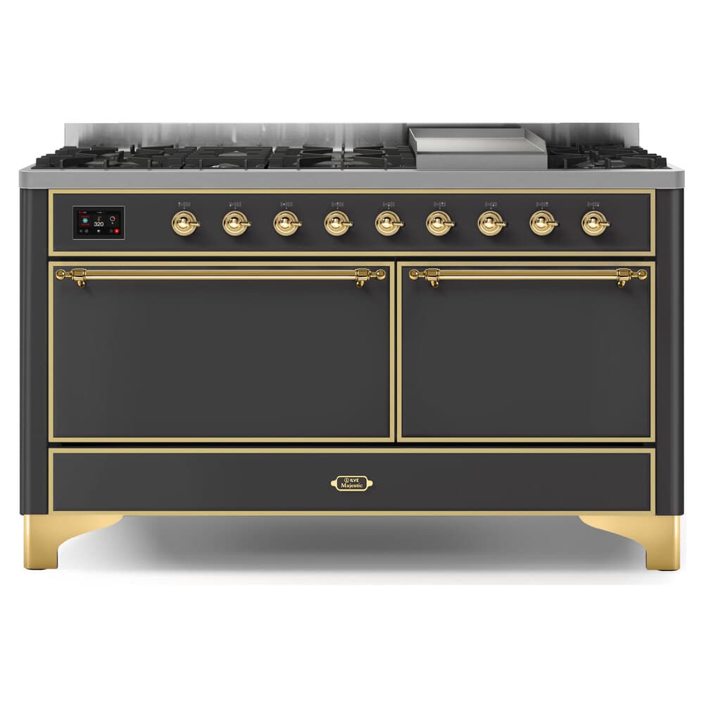 Majestic II Series 60 inch Freestanding Dual Fuel Range with Natural Gas, 9 Sealed Brass Burners, Double Ovens, 5.02 cu. ft. Total Oven Capacity, Griddle, Convection Oven, Continuous Grates, Warming Drawer, with Brass Trim