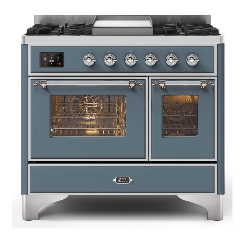 Majestic II Series 40 inch Freestanding Dual Fuel Range with Natural Gas, 6 Sealed Brass Burners, Double Ovens, 3.82 cu. ft. Total Oven Capacity, Griddle, Convection Oven, Continuous Grates, Viewing Window, Warming Drawer, with Chrome Trim