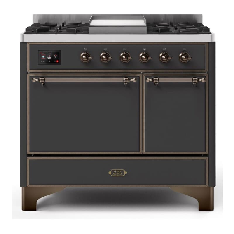 Majestic II Series 40 inch Freestanding Dual Fuel Range with Natural Gas, 6 Sealed Brass Burners, Double Ovens, 3.82 cu. ft. Total Oven Capacity, Griddle, Convection Oven, Continuous Grates, Warming Drawer, with Bronze Trim