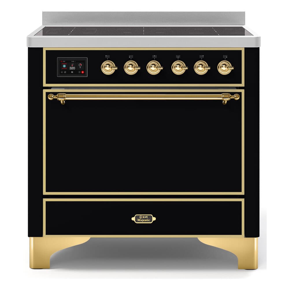 Majestic II Series 36 inch Freestanding Electric Induction Range with 5 Elements, Smoothtop Cooktop, 3.5 cu. ft. Total Oven Capacity, Convection Oven, Warming Drawer, with Brass Trim