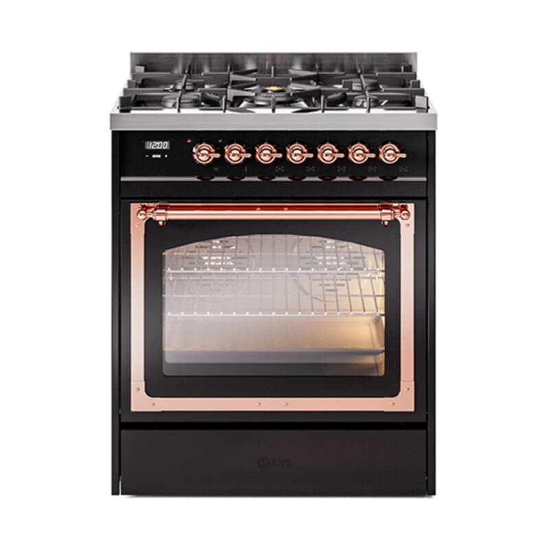 Nostalgie II Noblesse 30″ Dual Fuel Range (Liquid Propane, Triple Glass Door, Glossy Black, Copper)