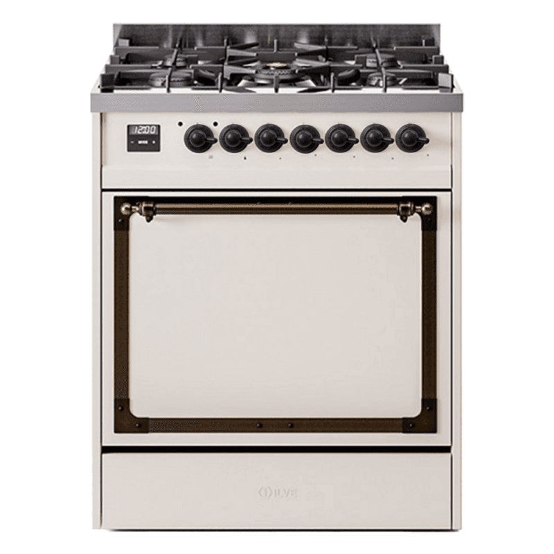 Nostalgie II Noblesse 30″ Dual Fuel Range (Liquid Propane, Solid Door, Antique White, Burnished)
