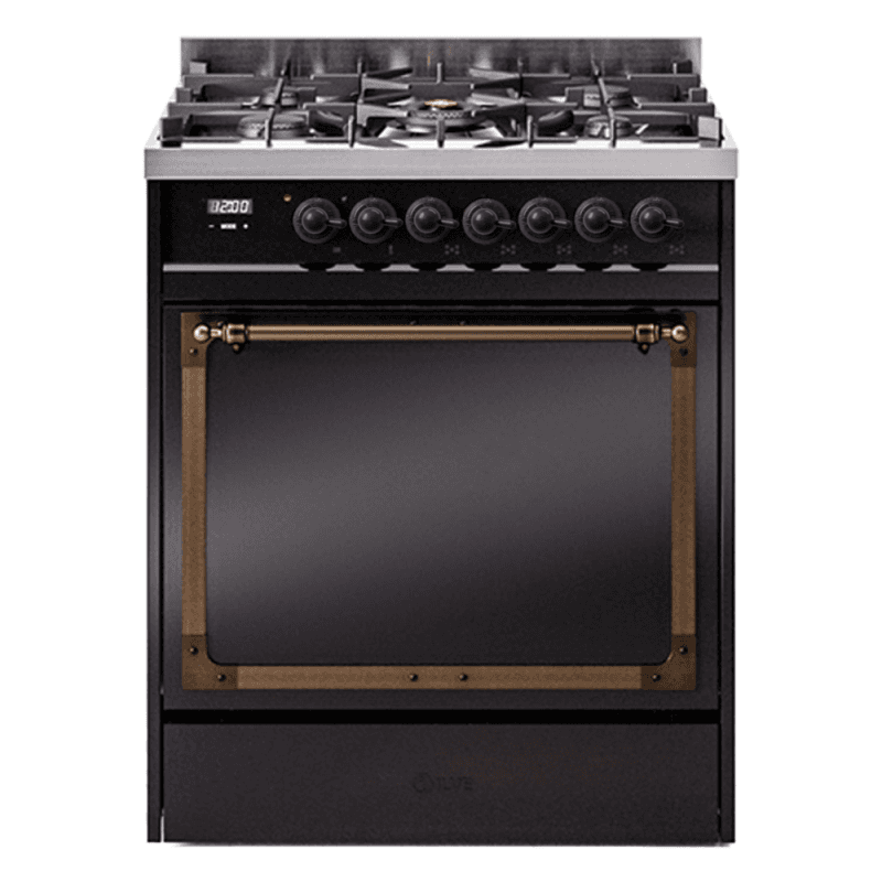 Nostalgie II Noblesse 30″ Dual Fuel Range (Liquid Propane, Solid Door, Glossy Black, Burnished)