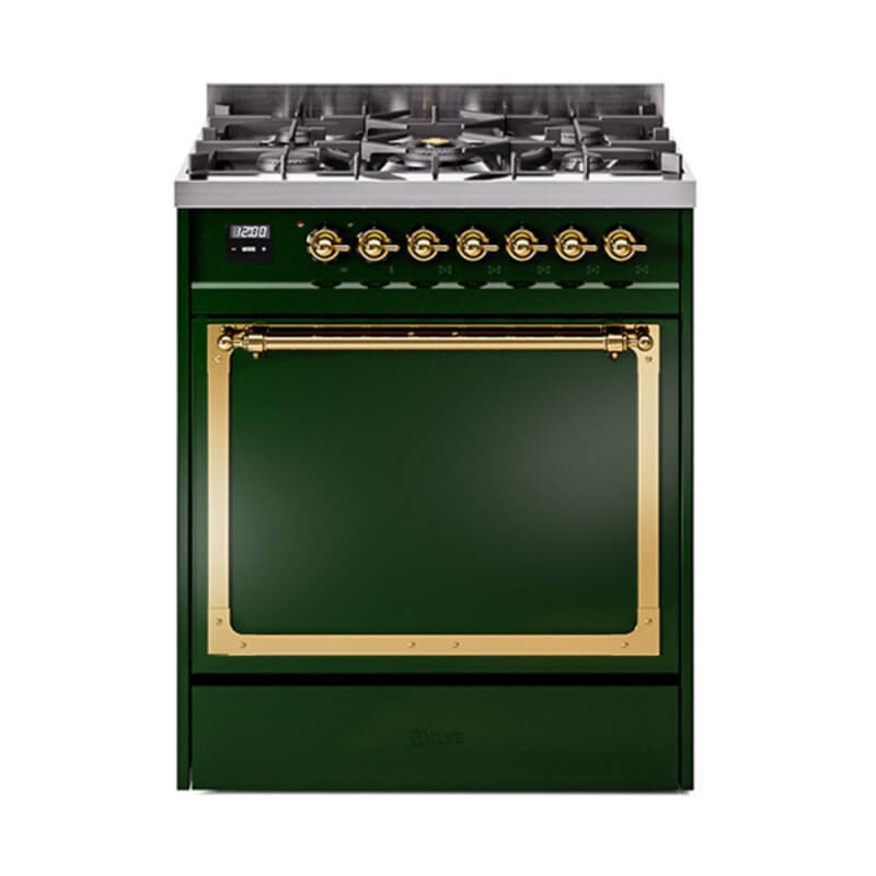 Nostalgie II Noblesse 30″ Dual Fuel Range (Liquid Propane, Solid Door, Emerald Green, Brass)