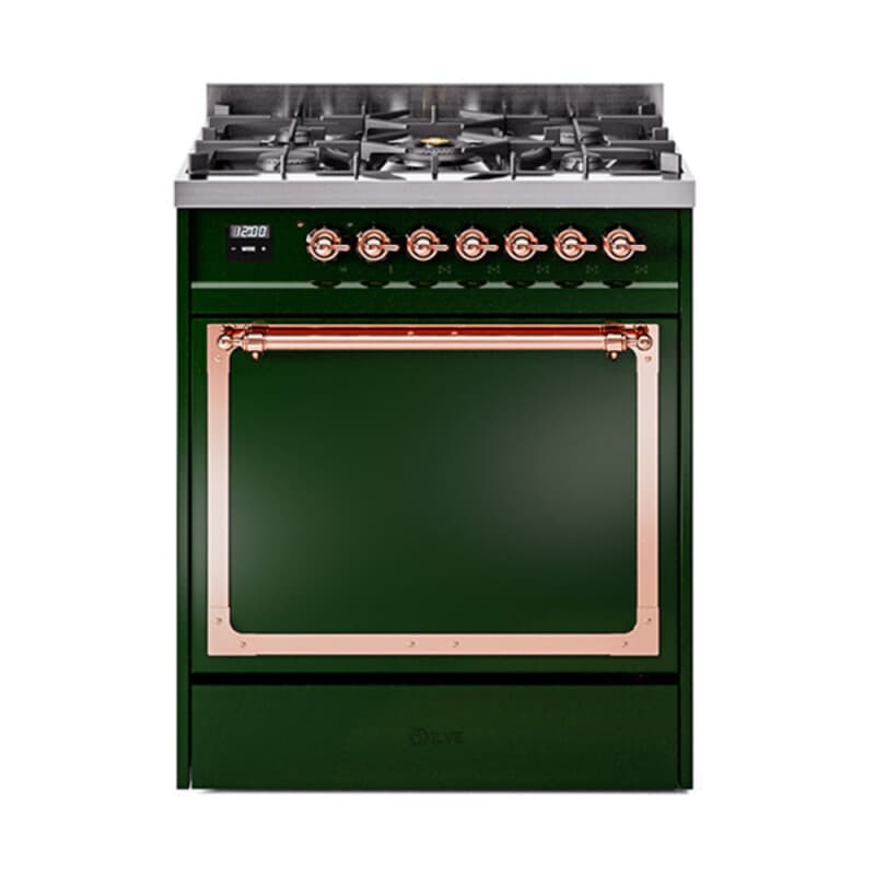 Nostalgie II Noblesse 30″ Dual Fuel Range (Natural Gas, Solid Door, Emerald Green, Copper)