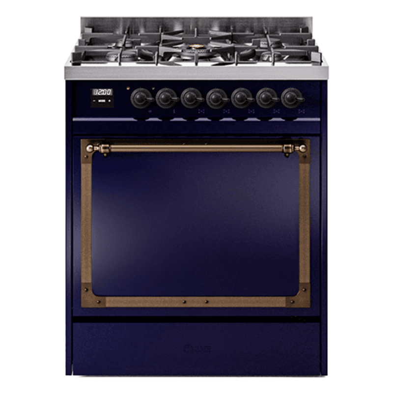 Nostalgie II Noblesse 30″ Dual Fuel Range (Natural Gas, Solid Door, Midnight Blue, Burnished)