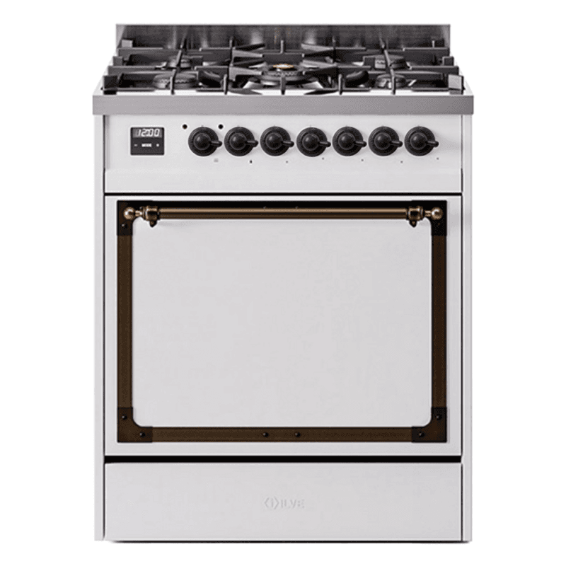 Nostalgie II Noblesse 30″ Dual Fuel Range (Natural Gas, Solid Door, White, Burnished)