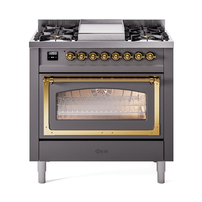 Nostalgie II Noblesse 36″ Dual Fuel Range (Liquid Propane, Triple Glass Door, Graphite Matte, Brass)