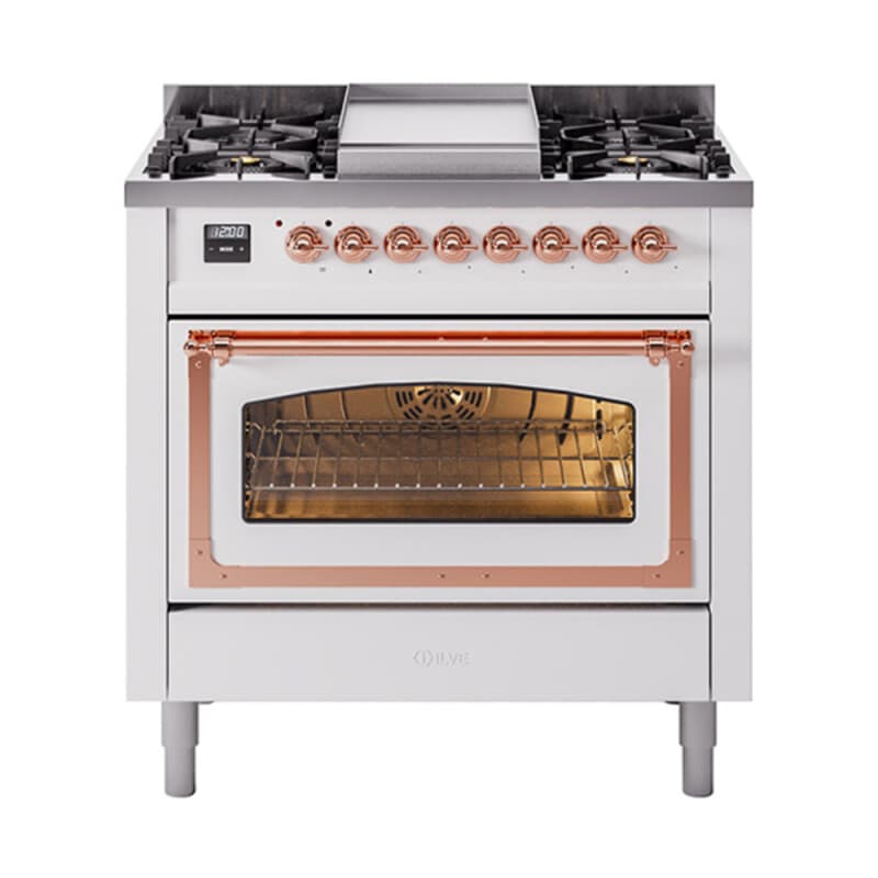 Nostalgie II Noblesse 36″ Dual Fuel Range (Liquid Propane, Triple Glass Door, White, Copper)