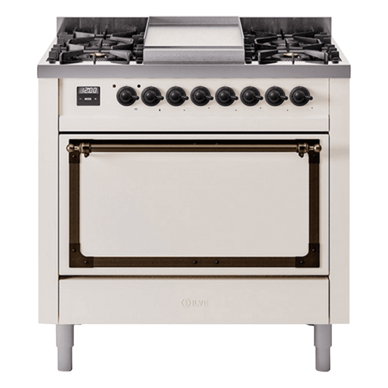 Nostalgie II Noblesse 36″ Dual Fuel Range (Natural Gas, Solid Door, Antique White, Burnished)