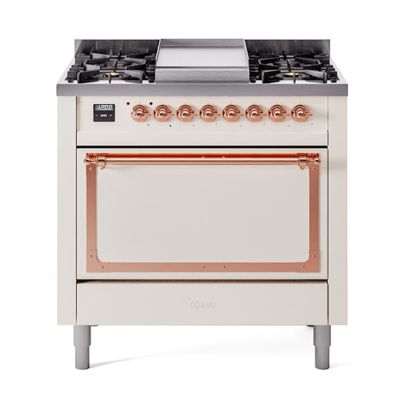 Nostalgie II Noblesse 36″ Dual Fuel Range (Liquid Propane, Solid Door, Antique White, Copper)