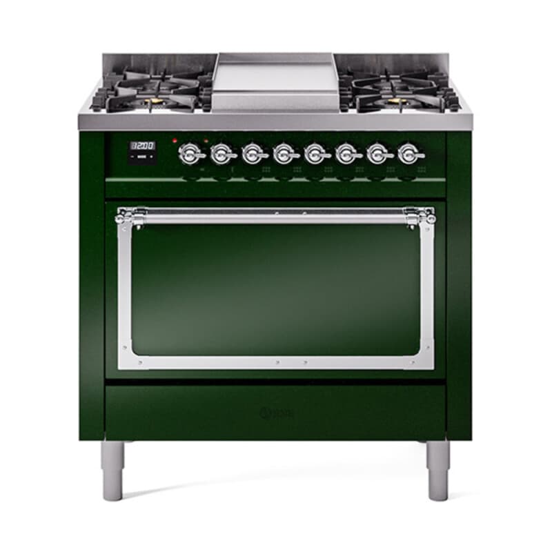 Nostalgie II Noblesse 36″ Dual Fuel Range (Natural Gas, Solid Door, Emerald Green, Chrome)