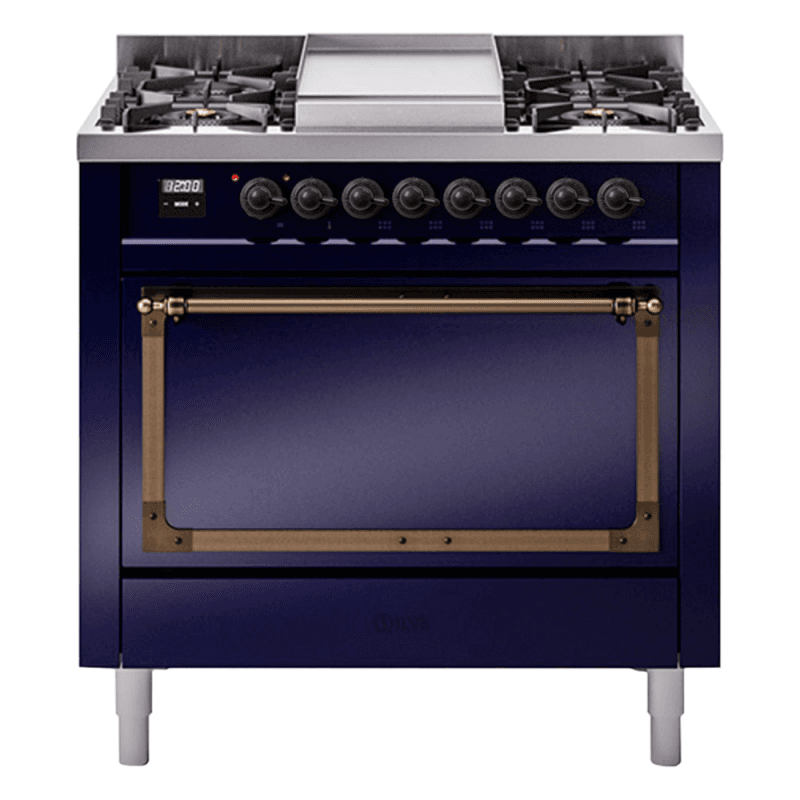 Nostalgie II Noblesse 36″ Dual Fuel Range (Liquid Propane, Solid Door, Midnight Blue, Burnished)