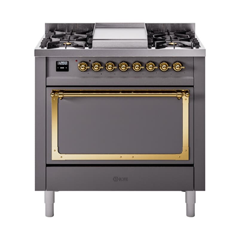Nostalgie II Noblesse 36″ Dual Fuel Range (Liquid Propane, Solid Door, Graphite Matte, Brass)