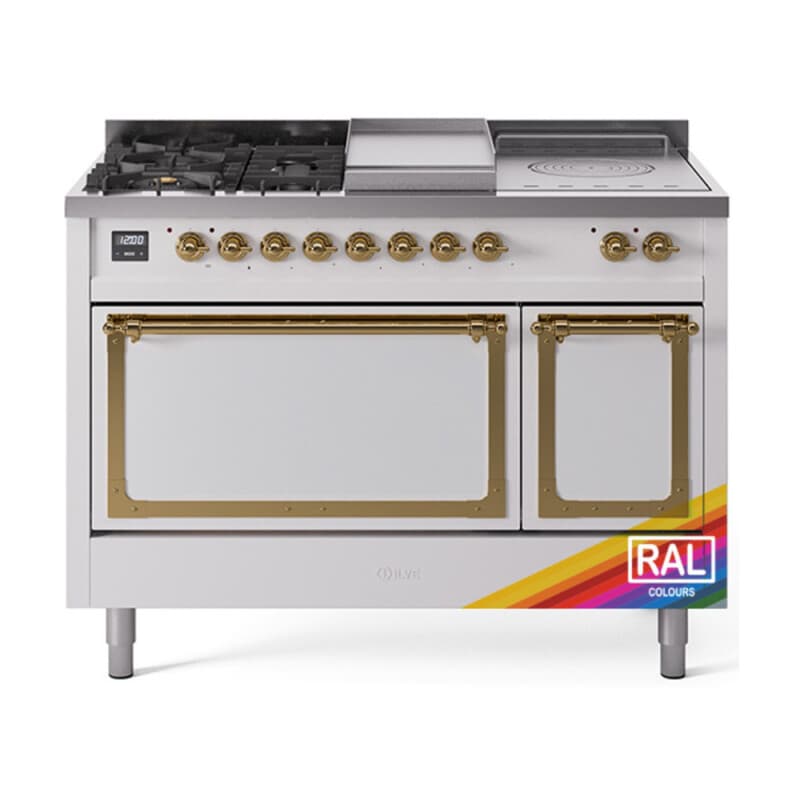Nostalgie II Noblesse 48″ Dual Fuel Range (5 Sealed Burners + Griddle + French Top, Liquid Propane, Solid Door, RAL, Brass)