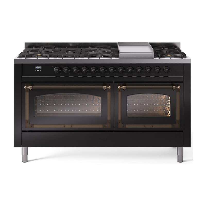 Nostalgie II Noblesse 60″ Dual Fuel Range (9 Sealed Burners + Griddle, Natural Gas, Triple Glass Door, Glossy Black, Burnished)