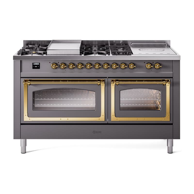Nostalgie II Noblesse 60″ Dual Fuel Range (7 Sealed Burners + Griddle + French Top, Liquid Propane, Triple Glass Door, Graphite Matte, Brass)