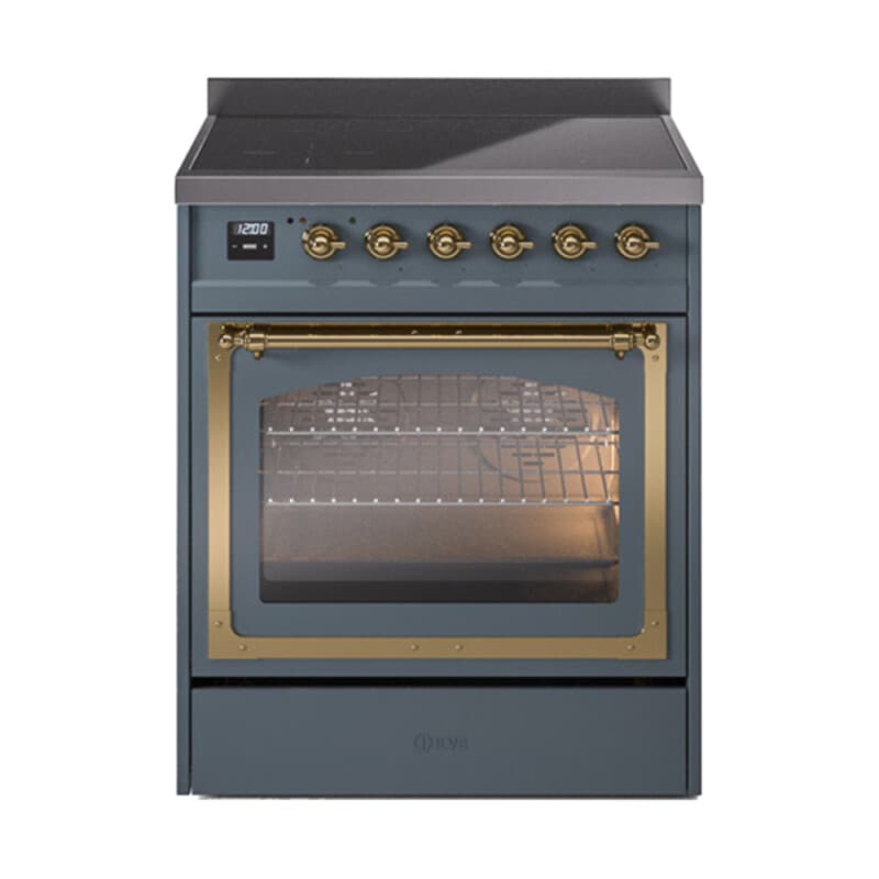 Nostalgie II Noblesse 30″ Induction Range (Triple Glass Door, Blue Grey, Brass)
