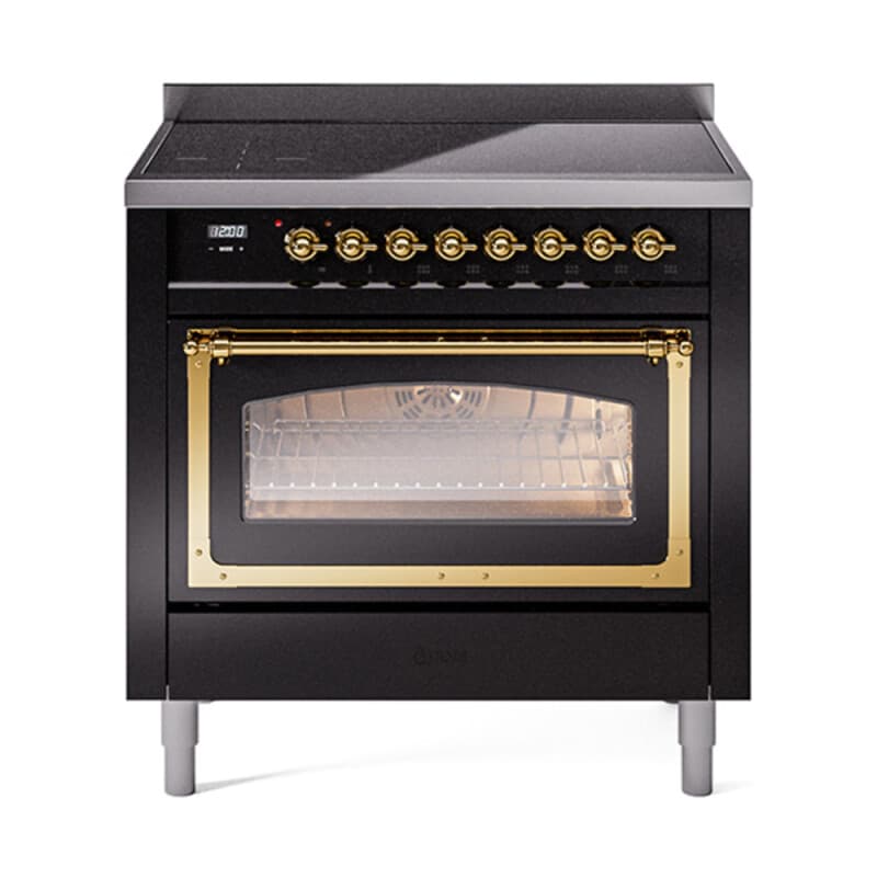 Nostalgie II Noblesse 36″ Induction Range (Triple Glass Door, Glossy Black, Brass)
