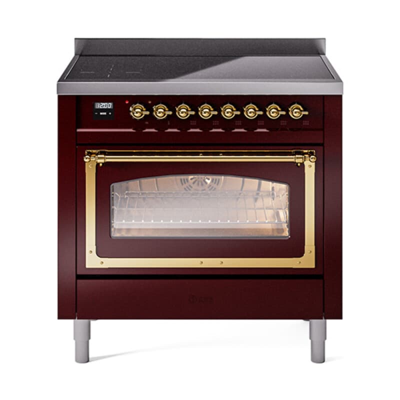 Nostalgie II Noblesse 36″ Induction Range (Triple Glass Door, Burgundy, Brass)