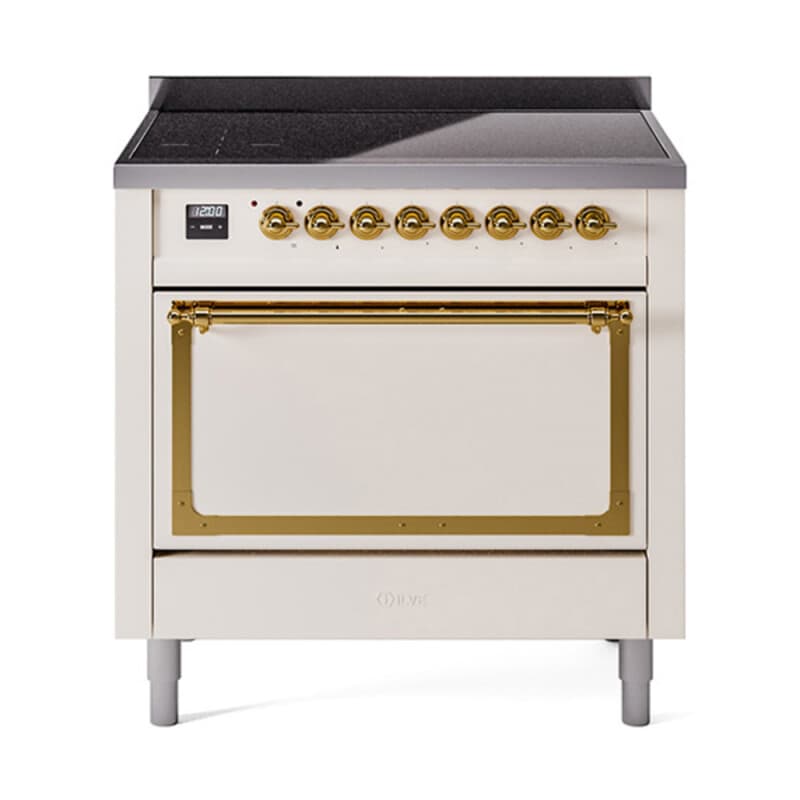 Nostalgie II Noblesse 36″ Induction Range (Solid Door, Antique White, Brass)