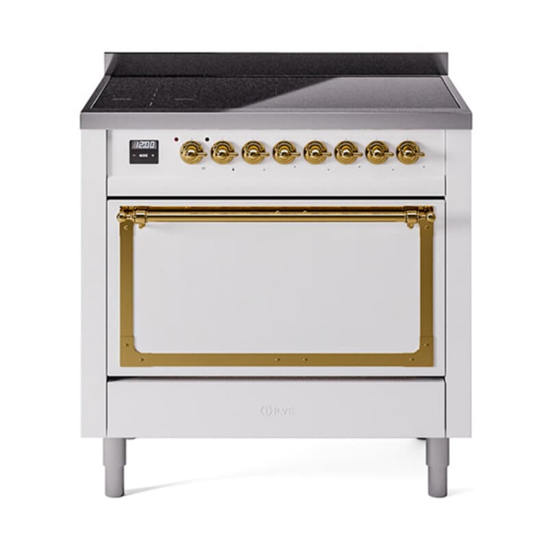 Nostalgie II Noblesse 36″ Induction Range (Solid Door, White, Brass)