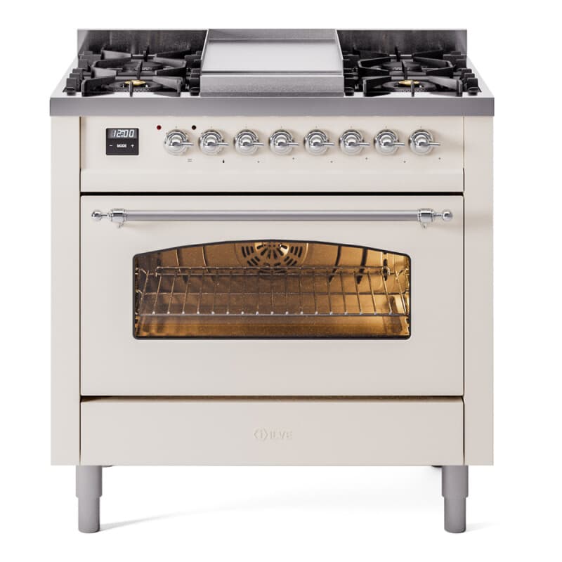 Nostalgie II 36 UP36FNMPAWC Freestanding Dual Fuel Range with 6 Sealed Burners with Griddle Single Oven with Triple Glass Door with Chrome knobs