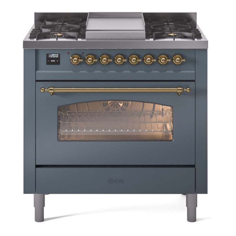 Nostalgie II 36 UP36FNMPBGG Freestanding Dual Fuel Range with 6 Sealed Burners with Griddle Single Oven with Triple Glass Door with Brass knobs
